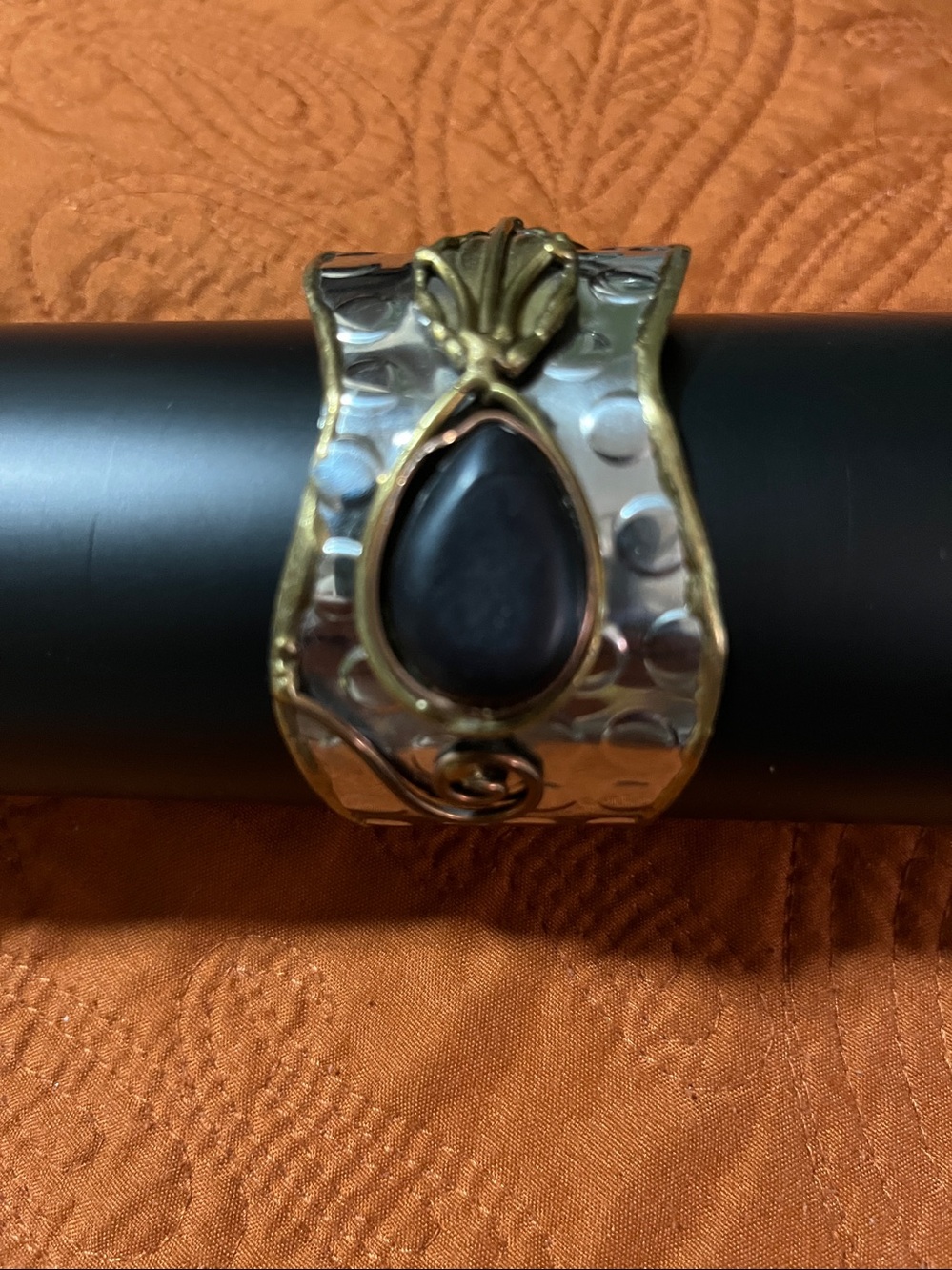 Vintage handcrafted artisan hammered bi-metal bracelet with Black stone